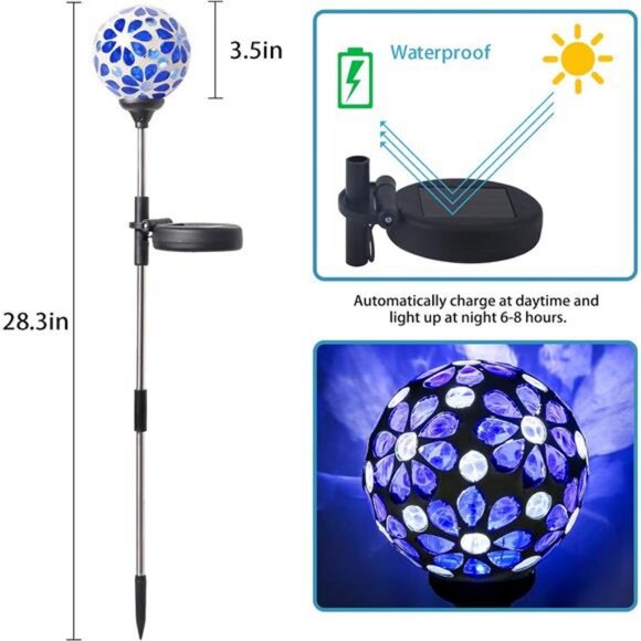 Stakes Blue Outdoor Waterproof Mosaic Solar Powered Flower Petal Ball Light - Picture 5 of 7